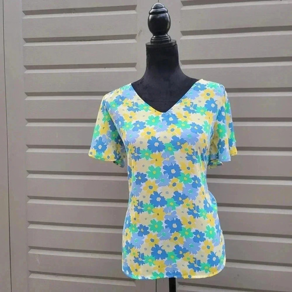 LOFT Womens Top Sz S Yellow Blue Green Floral Blouse Short Sleeve V-Neck Ruffle - Picture 1 of 8